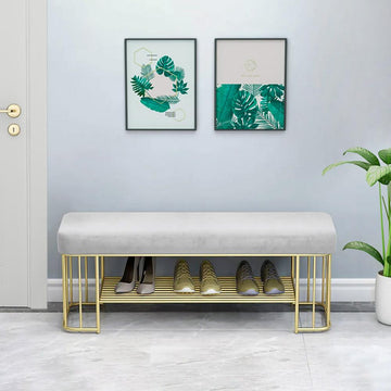 Modern Gray Storage Bench Entryway Bench Velvet Upholstered with Golden Frame & Shelves